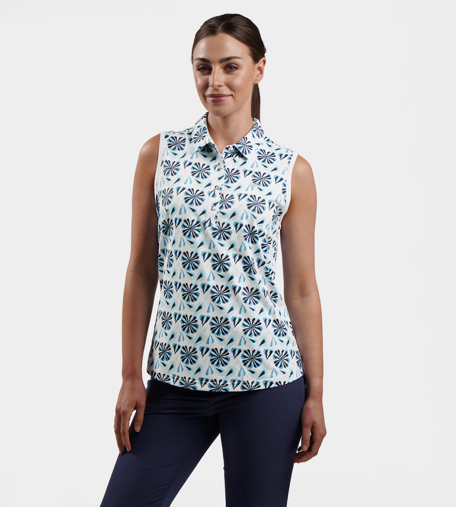 LADIES FLORAL SLEEVELESS POLO - BLU