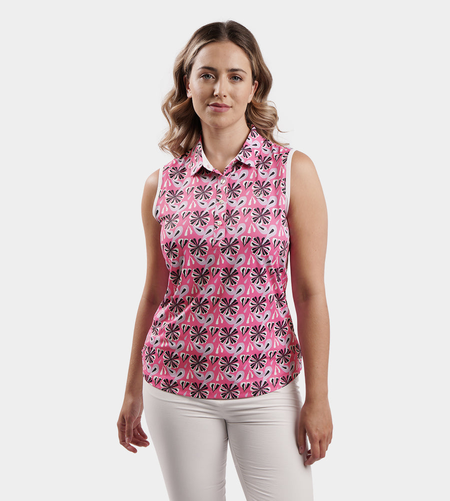 LADIES FLORAL SLEEVELESS POLO - ROSA