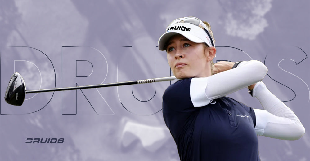 Image of a woman holding a golf club, set against a vibrant purple background with the word 'Druids' prominently displayed in the background.