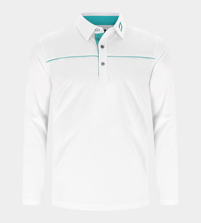 BLOCK PIQUE LONG SLEEVE POLO -WHITE/TEAL