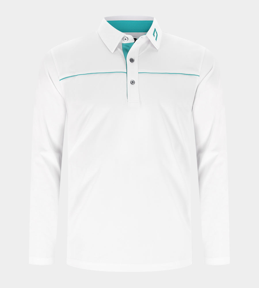 BLOCK PIQUE LONG SLEEVE POLO -WHITE/TEAL