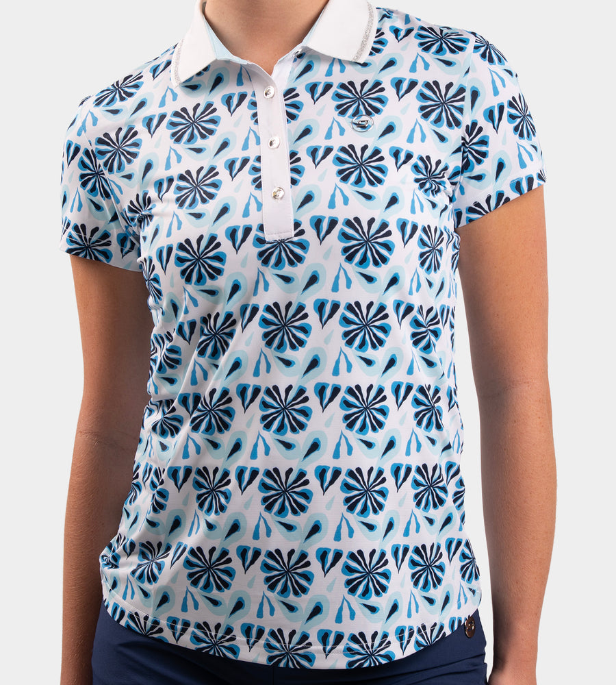 LADIES FLORAL POLO - BLAUW