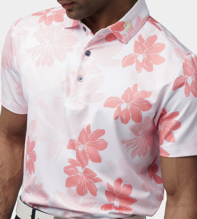 Abstract Flower Polo in Coral | Golf Polo Shirts | Druids