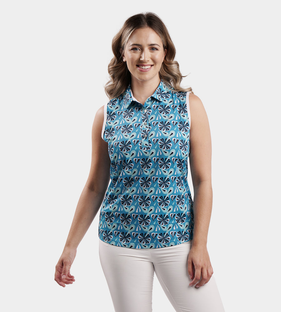 LADIES FLORAL SLEEVELESS POLO - ZEEGROEN
