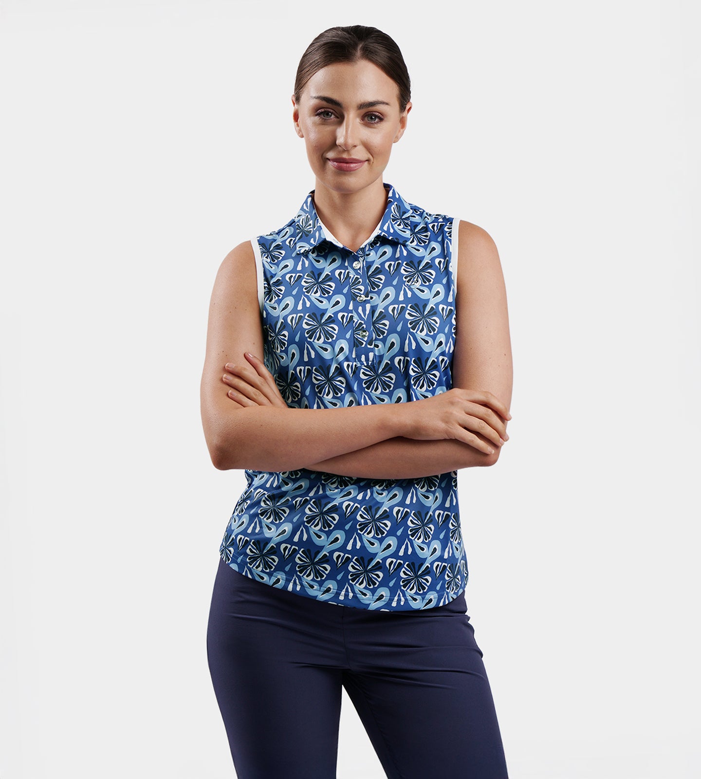 LADIES FLORAL SLEEVELESS POLO - MARINEBLAU