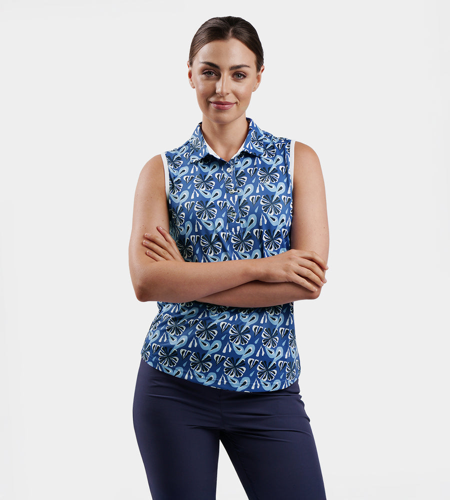 LADIES FLORAL SLEEVELESS POLO - MARINEBLAUW