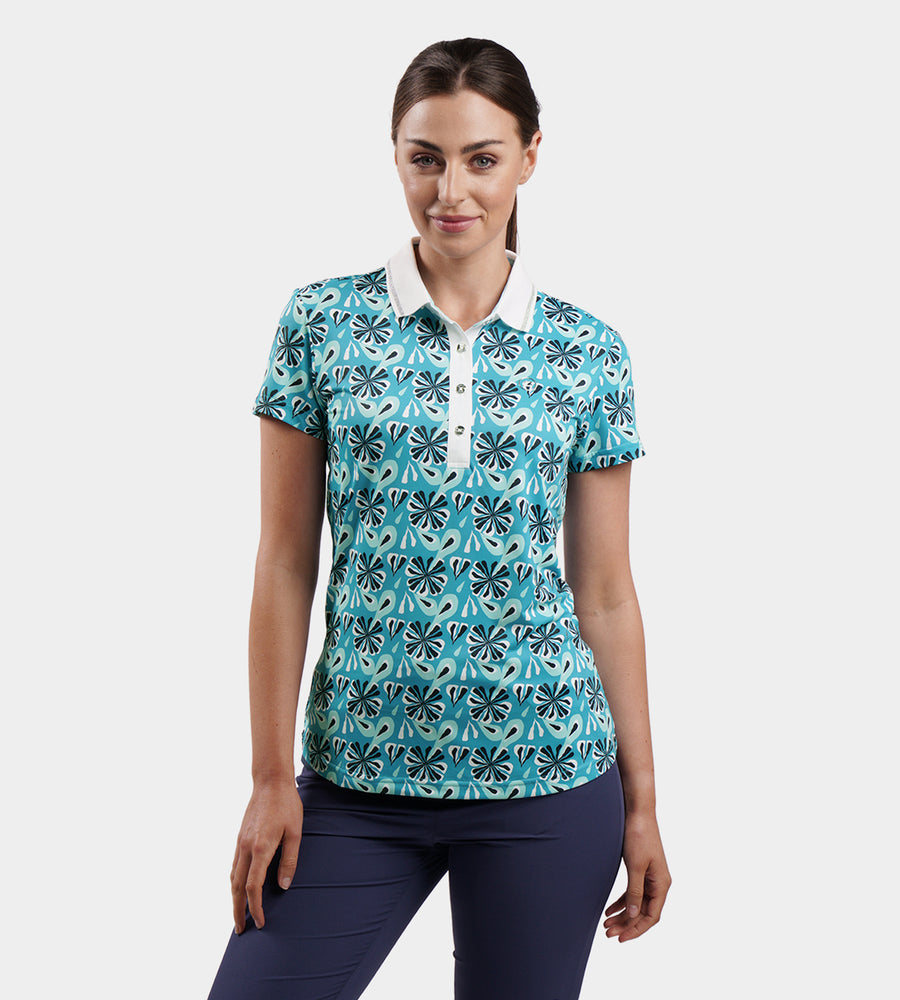 LADIES FLORAL POLO - ZEEGROEN