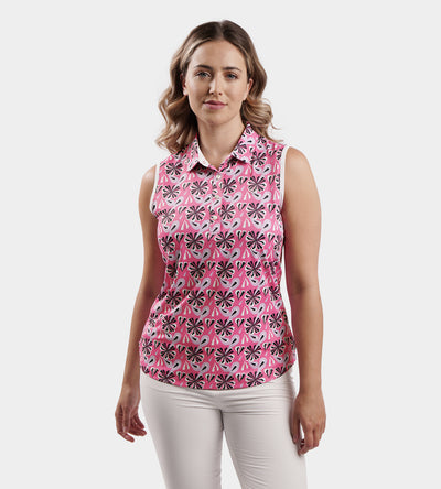 LADIES FLORAL SLEEVELESS POLO - ROSE