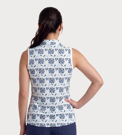 LADIES FLORAL SLEEVELESS POLO - BLEU