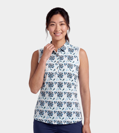 LADIES FLORAL SLEEVELESS POLO - BLEU