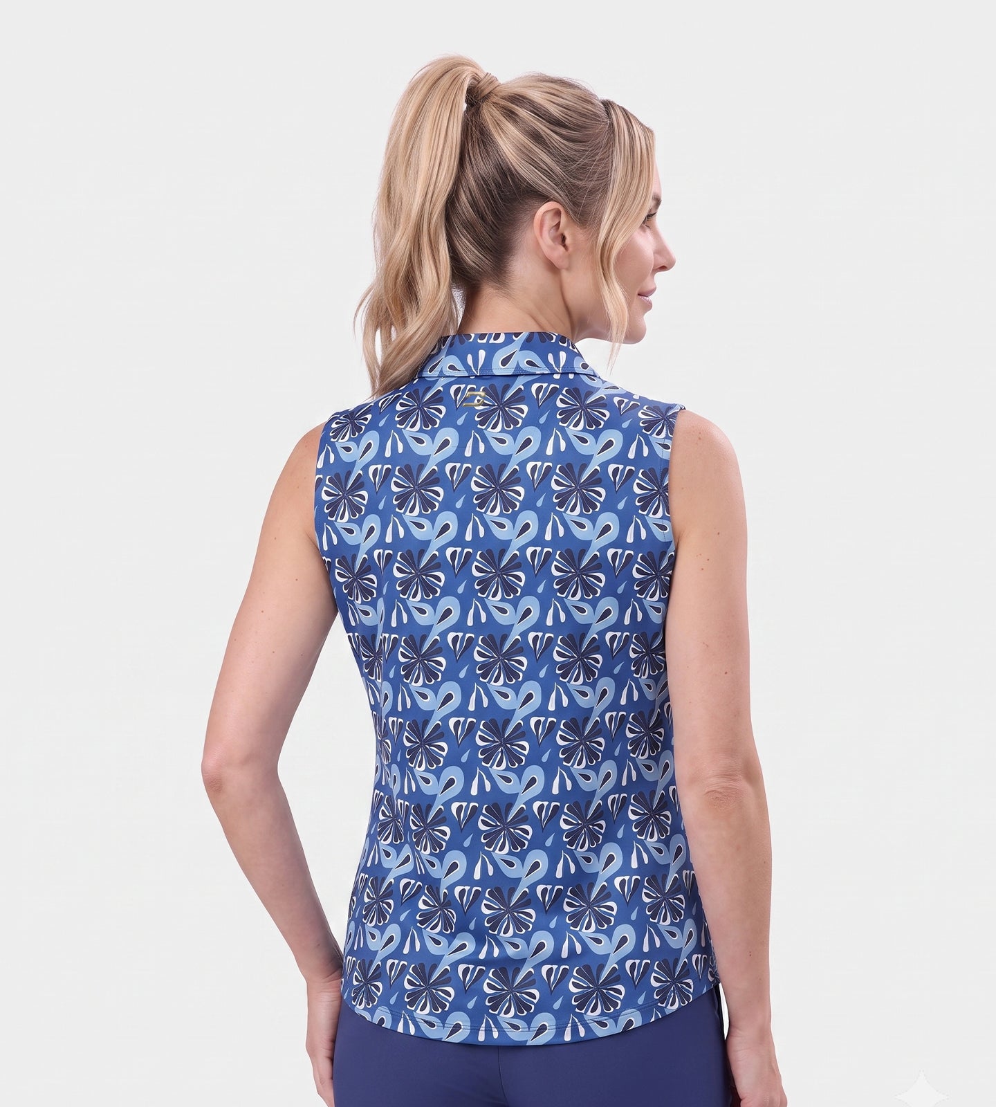 LADIES FLORAL SLEEVELESS POLO - MARINE