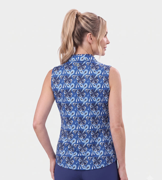LADIES FLORAL SLEEVELESS POLO - NAVY