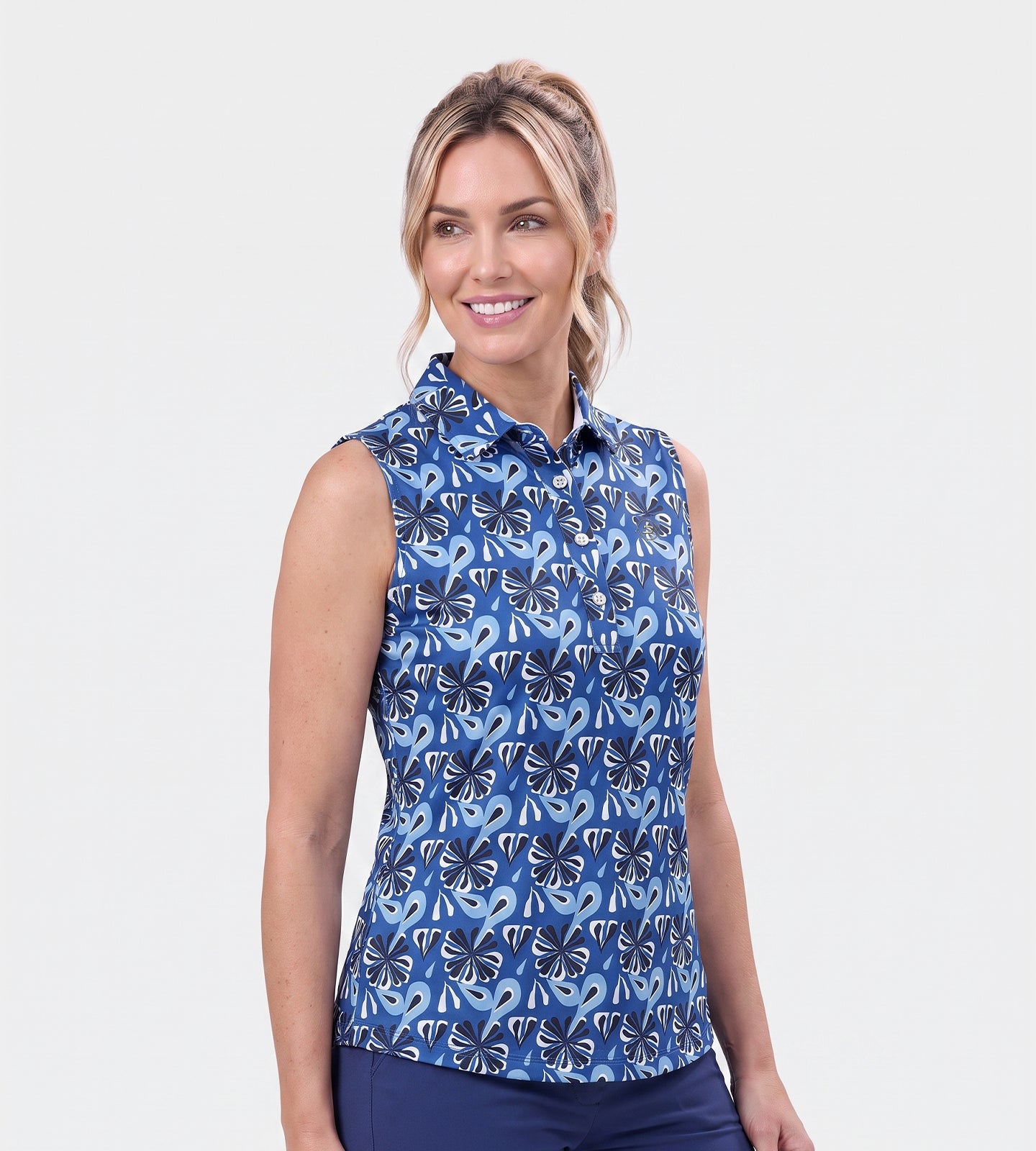 LADIES FLORAL SLEEVELESS POLO - MARINE