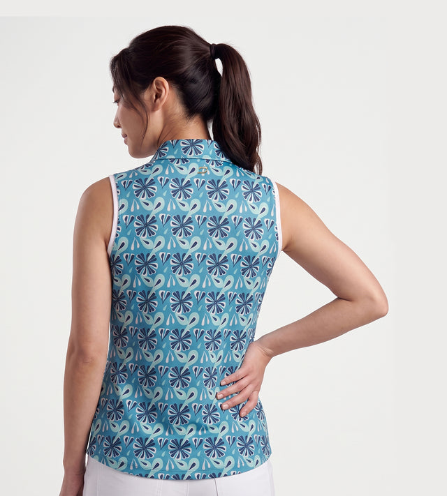 LADIES FLORAL SLEEVELESS POLO - VERDE AZULADO