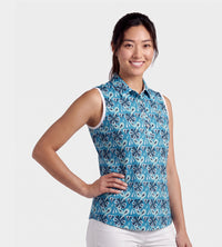 LADIES FLORAL SLEEVELESS POLO - VERDE AZULADO - 8