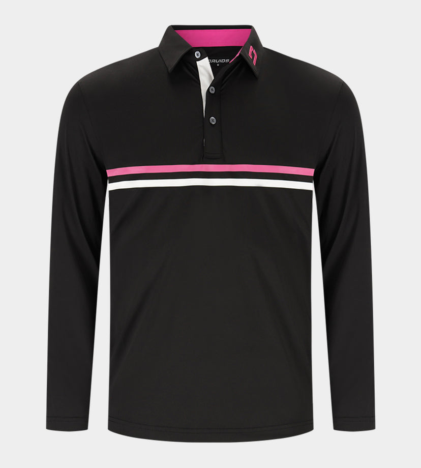 STRIPE PERFORMANCE LONG SLEEVE POLO - BLACK