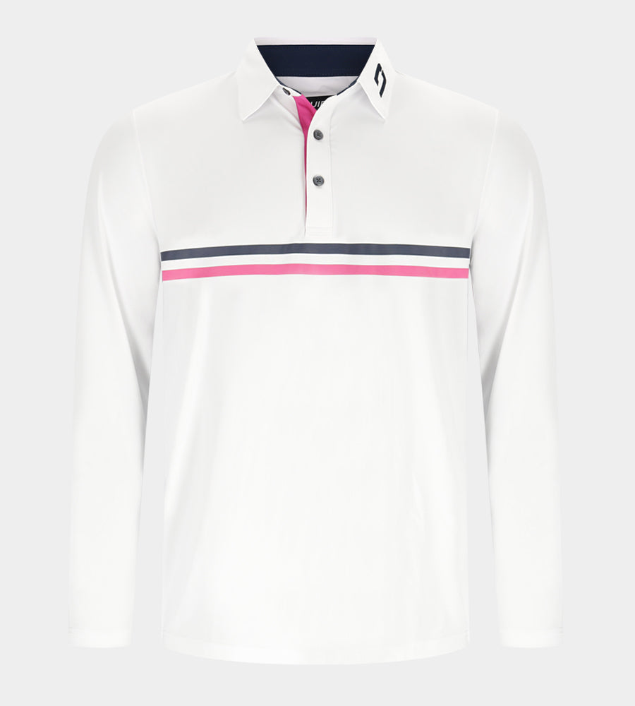 STRIPE PERFORMANCE LONG SLEEVE POLO - WHITE