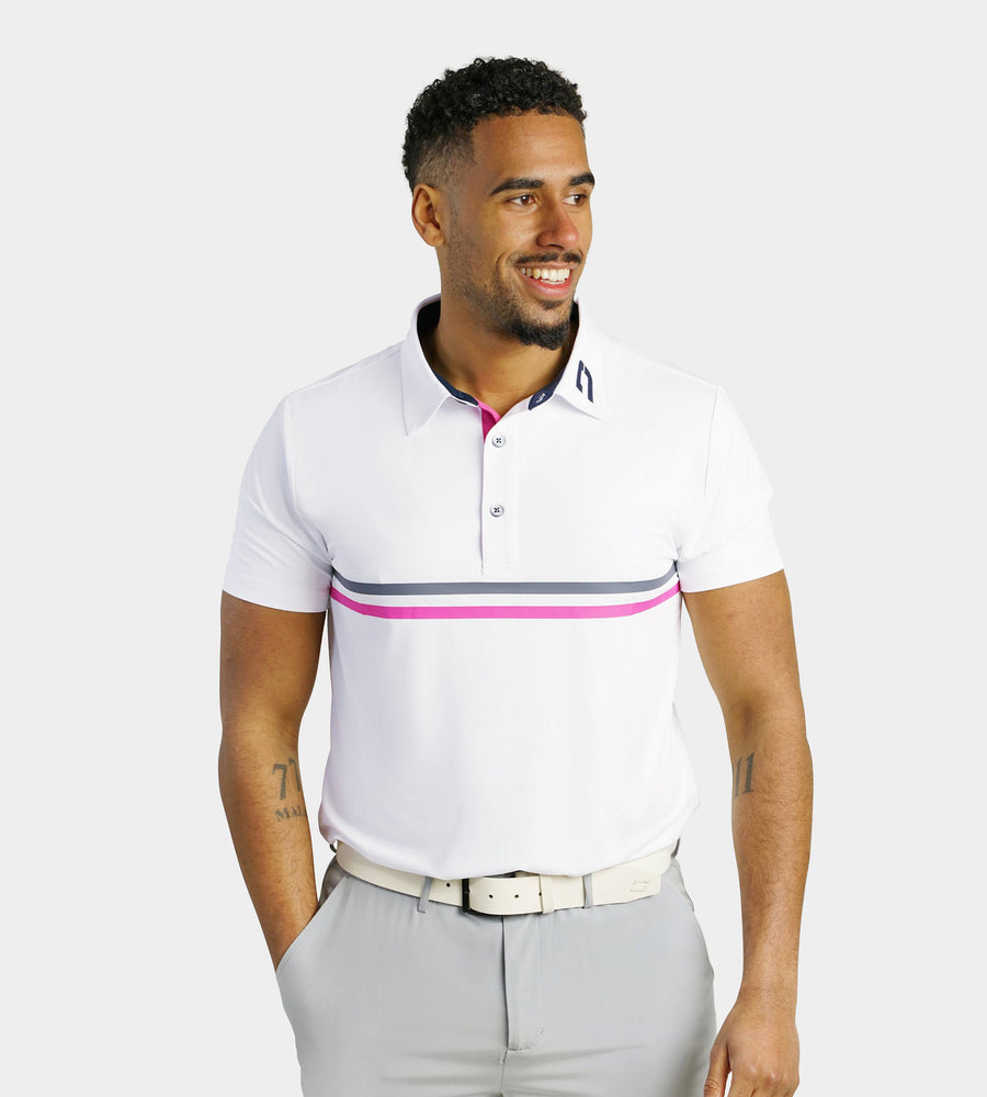STRIPE PERFORMANCE POLO - WHITE/NAVY
